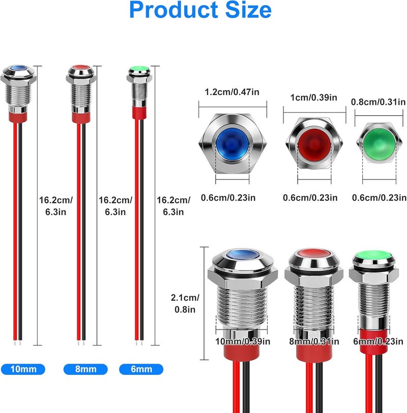 Linkstyle 9PCS LED Metal Indicator Light, 12V 24V Signal Lamp Set, IP65 Waterproof Panel Indicator Dashboard Lighting for Car RV Boat Truck (6mm 8mm 10mm) - Image 2